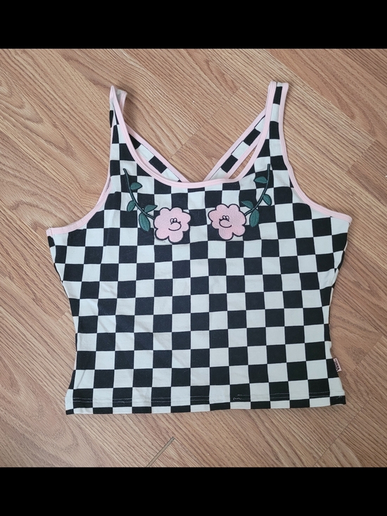 Vans Tops - Checkerboard Crop Tank with Pink Floral Trim